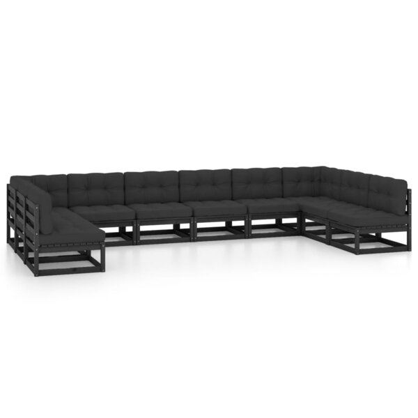 vidaXL Salon de jardin 10 Pièces avec coussins Noir Bois de pin massif
