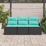 vidaXL Ensemble de canapé de jardin 3 Pièces Noir et turquoise Poly rotin