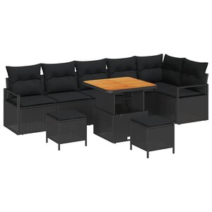 vidaXL Ensemble de canapé de jardin avec coussin 9 Pièces Noir Poly rotin