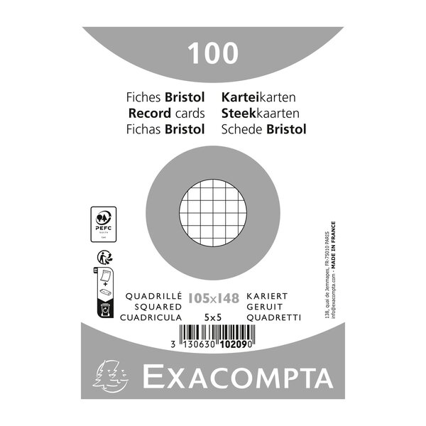 Paquet 100 Fiches Sous Film - Bristol Quadrillé 5x5 Non Perforé 105x148mm - Blanc - X 20 - Exacompta