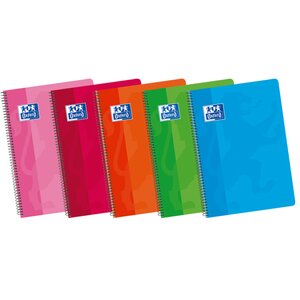 LOT de 5 Oxford School Classic Fº Cahier à spirales à couverture souple - 80 feuilles - Taille Fº - Couleurs assorties