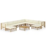 vidaXL Salon de jardin 11 Pièces avec coussins blanc crème bambou