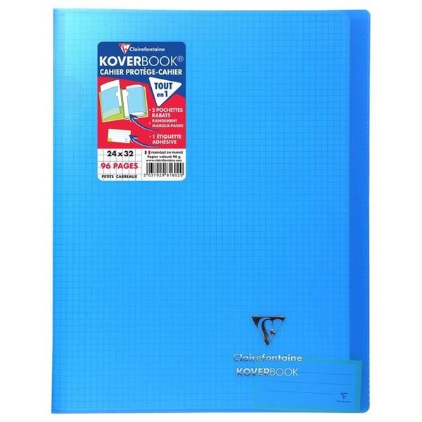 CLAIREFONTAINE Koverbook Cahier piqure 96 pages avec rabats - 240 x 320 mm - 5 x 5 papier PEFC 90 g - Bleu