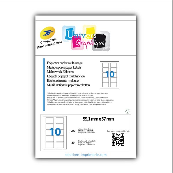 Lot de 20 planches de 10 étiquettes pour timbre 99,1 x 57 mm