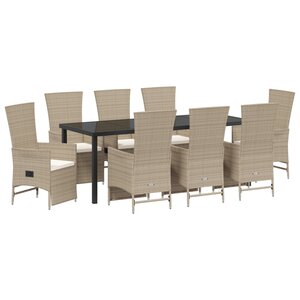 vidaXL Set de Salle à Manger de Jardin 9 Pièces avec Coussins Beige Polyrotin