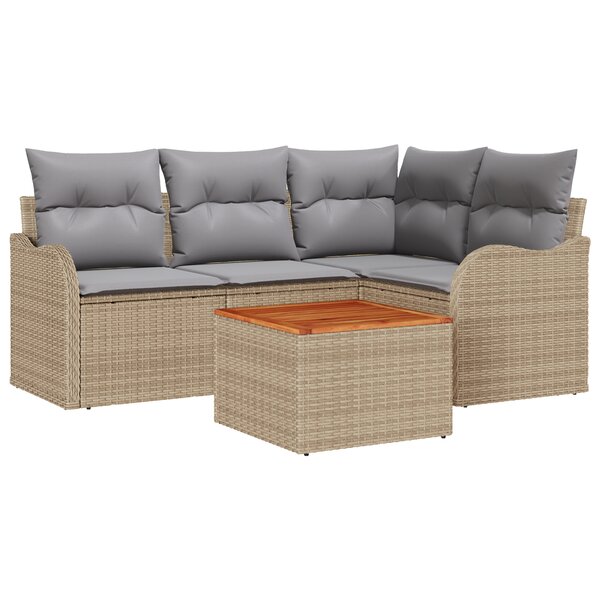 Ensemble de Canapés de Jardin 5 Pièces avec Coussins Beige en Poly Rattan Acacia
