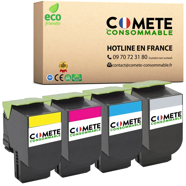 802 - 4 toners compatibles pour Lexmark CX310 CX410 CX510 Noir Cyan Magenta Jaune - COMETE