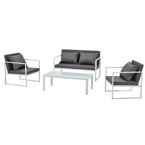 Salon de jardin ensemble de jardin table basse avec canapé et chaises extérieures métal verre polyester blanc 03_0003586