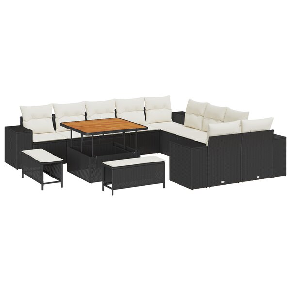 Ensemble de canapé de jardin 13 pièces avec coussins noir poly rotin acacia