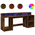 Bureau table poste de travail meuble d'ordinateur informatique étude et lumières LED chêne fumé 200 x 55 x 91cm bois d'ingénierie brun 02_0023788
