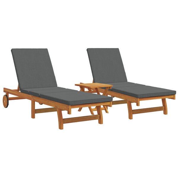 Chaise longue à roulettes vidaXL 2 pièces avec table et coussin en acacia