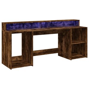 Bureau table poste de travail meuble d'ordinateur informatique étude et lumières LED chêne fumé 200 x 55 x 91cm bois d'ingénierie brun 02_0023788