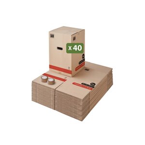 Pack and Move - Lot 40 Cartons Déménagement Premium - 40 X 40 X 60 Cm - Résistance 30 KG - Double Épaisseur - Poignées Renforcées - 2 Adhésifs Offerts