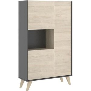 Buffet haut - graphite et chêne - 3 portes + 1 niche - NESS - 81 x 43 x 135 cm