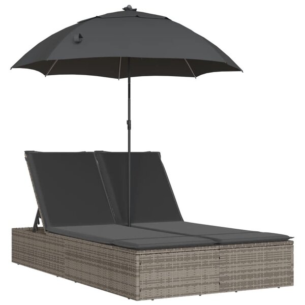 vidaXL Chaise longue double et coussins et parasol gris résine tressée