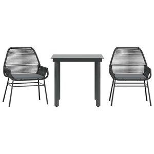vidaXL Ensemble à manger de jardin et coussins 3 Pièces noir rotin verre