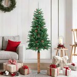 vidaXL Sapin de Noël mince avec bois véritable et cônes vert 150cm PVC