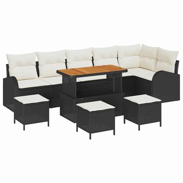 Ensemble de Canapé de Jardin 10 Pièces avec Coussins Noir Poly Rattan Acacia