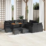 Canapé de Jardin 14 Pièces avec Coussins Noir Rattan Poly Acacia