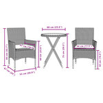 vidaXL Ensemble de bistro avec coussins 3 Pièces gris rotin et verre
