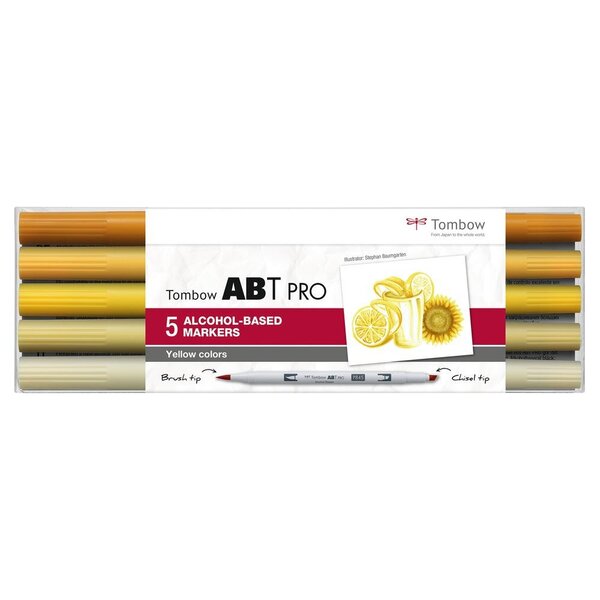 Set de 5 Marqueurs Base Alcool Double Pointe ABT PRO couleurs jaune TOMBOW