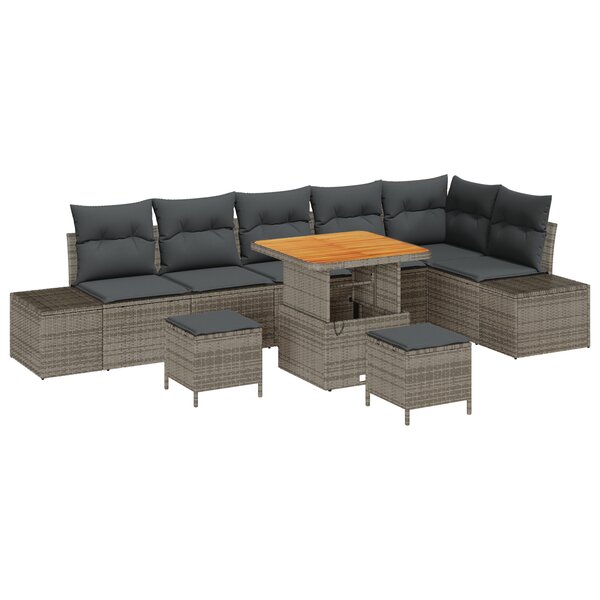 Ensemble de canapé de jardin 9 pièces avec coussins poly rotin gris acacia