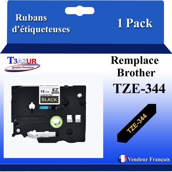 Ruban d'étiqueteuse compatible avec Brother Tze344 Tze-344 pour étiqueteuses P-touch - Texte doré sur fond noir - Largeur 18 mm x 8 mètres - T3AZUR