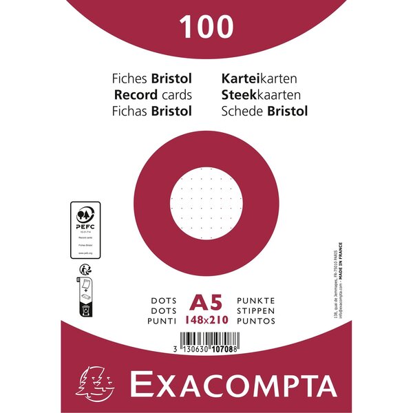 Paquet 100 Fiches Sous Film - Bristol Dots Non Perforé - 148x210mm - Blanc - X 10 - Exacompta
