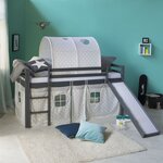 Lit mi-haut toboggan 90x200 gris pin tunnel étoiles