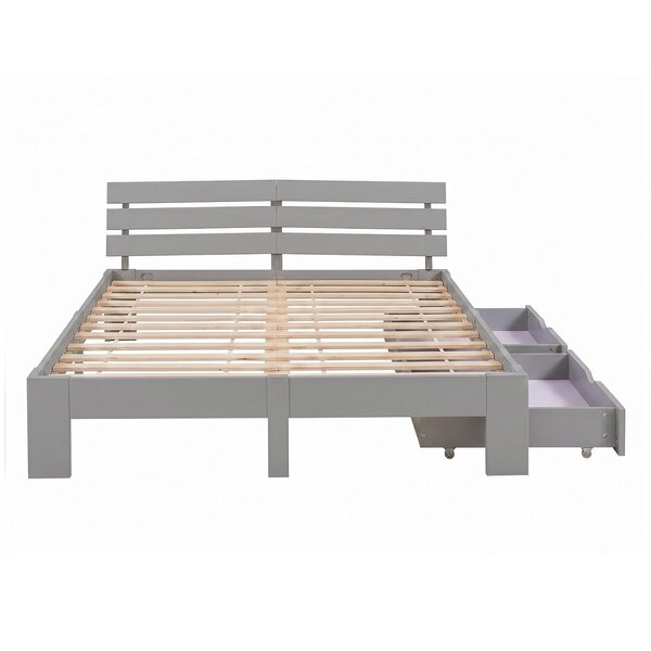 Lit double 140x200 cm gris en pin massif  2 tiroirs de rangement et sommier a lattes