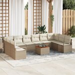 Ensemble de Canapé de Jardin 11 Pièces avec Coussins Beige Poly Rotin Acacia