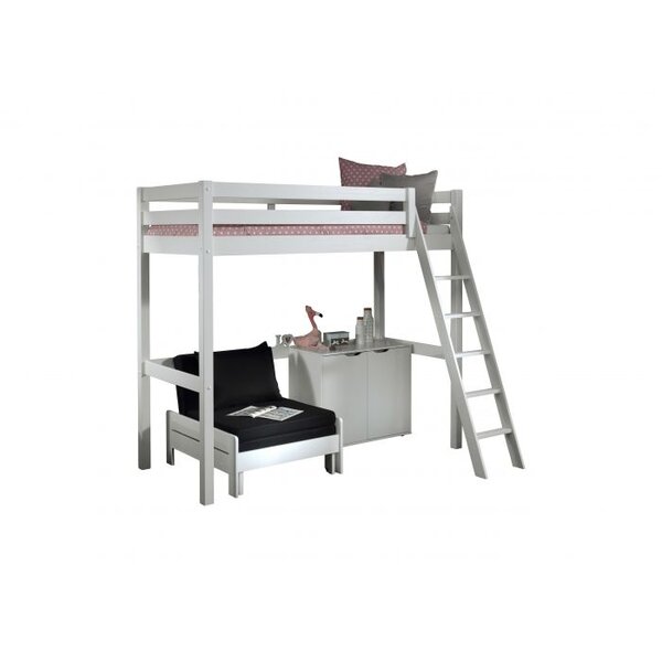 PINO Lit mezzanine 90x200 Blanc + Commode 2 portes + Lit convertible en fauteuil