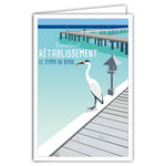 Carte Le Temps du Repos Prompt Bon Excellent Rétablissement Enveloppe  Affichette Mini Posters Format 17x11 5cm  Oiseau Grue Blanche Ponton Bois Eau Mer Paradisiaque Rétro Vintage Bleue