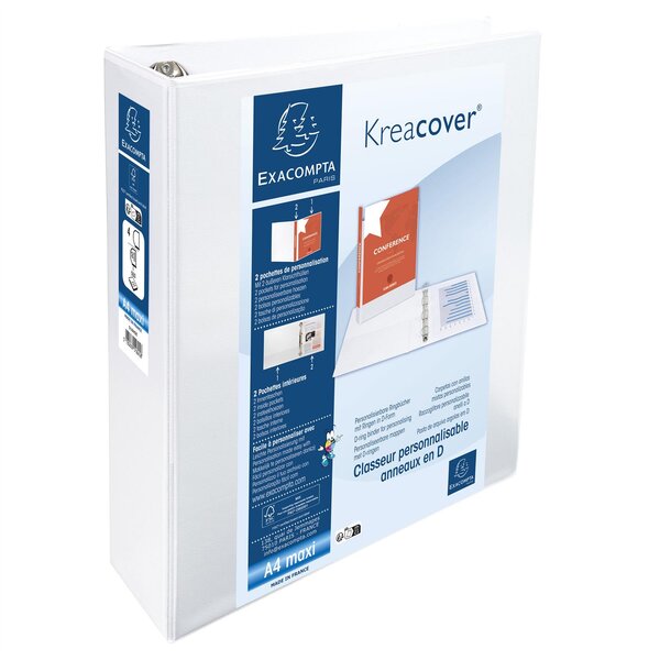 Classeur PP personnalisable Kreacover - 4 anneaux en D 60mm - A4 maxi - Blanc x 10 EXACOMPTA