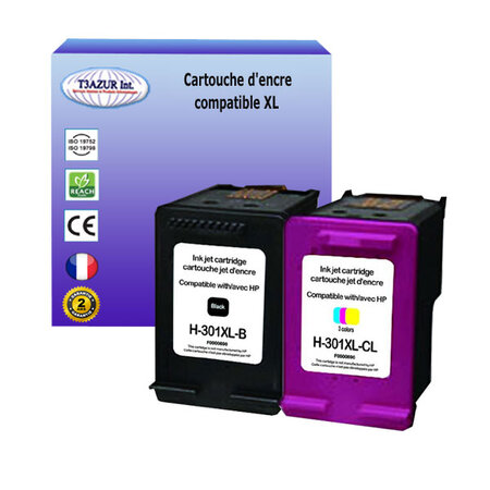 T3azur - 1+1 cartouches d'encre compatibles remplace hp 301 301xl noir+couleur pour hp deskjet 2541  2542  2543  2544  2545