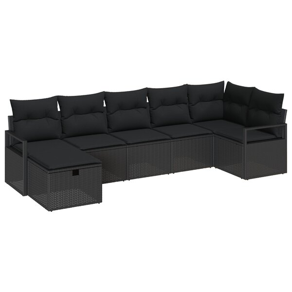 Ensemble de canapé de jardin de 7 pièces avec coussins Noir Rotin Poly