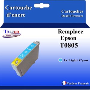 T3AZUR- Cartouche Compatible avec Epson T0805 remplace Epson Stylus PX700W PX710W PX720WD PX730WD PX-700W PX-710W PX-720WD PX-730WD Light Cyan