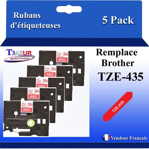 5x  Rubans d'étiqueteuses compatibles avec Brother Tze435  Tze-435 pour étiqueteuses P-touch - Texte blanc sur fond rouge - Largeur 12 mm x 8 mètres - T3AZUR