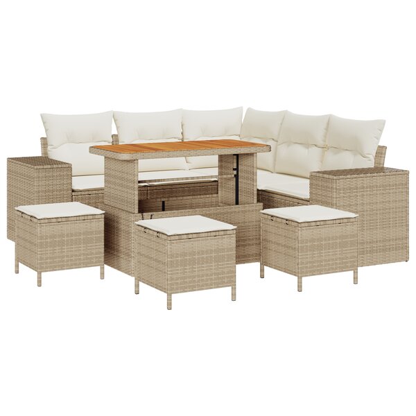 Ensemble de canapé de jardin 9 pièces avec coussins beige poly rotin acacia