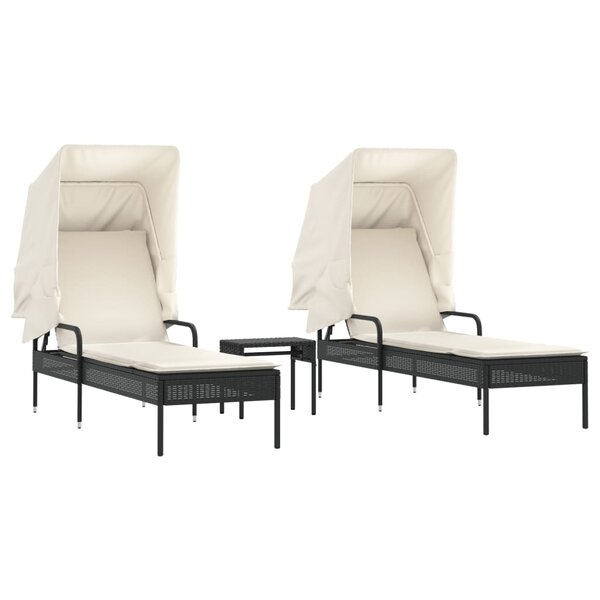 vidaXL Chaises longues lot de 2 avec auvents et table noir poly rotin