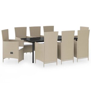 vidaXL Ensemble à manger de jardin avec coussins 9 Pièces Beige