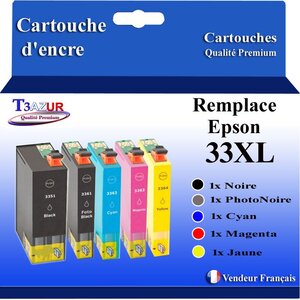 T3AZUR - 5x Cartouches Compatibles avec Epson T3351 T3361 T3362 T3363 T3364 (33XL)