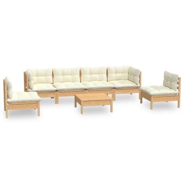 Salon de jardin meuble d'extérieur ensemble de mobilier 7 pièces avec coussins crème bois de pin massif 02_0017174