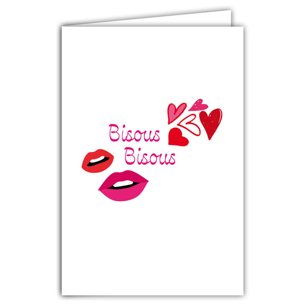 69-4508 Carte Bisous Bisous Cœurs Rouge à lèvres Clichés élégance française Illustration féminine pour Fille Femme - Carte intérieur Blanc Avec Enveloppe Format 12x17cm - Fabrication française