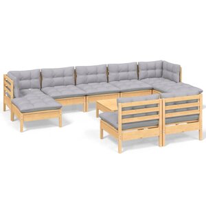 vidaXL Salon de jardin 10 Pièces avec coussins gris Bois de pin