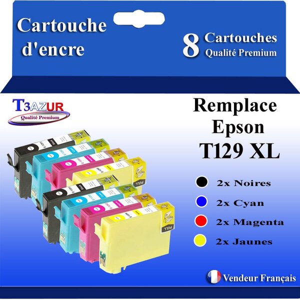 T3AZUR- 8x Cartouches Compatibles avec Epson T1291 T1292 T1293 T1294 T129 XL