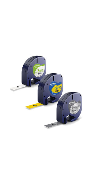 DYMO LetraTag lot de 3 rubans (12mm x 4m) Papier Noir/Blanc + Plastique Noir/Jaune + Métalissé Noir/Argent
