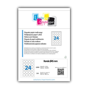 Lot de 500 planches a4 de 24 étiquettes à bords vifs rondeø45 mm en papier blanc 70g/m² multifonction