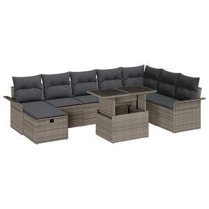 vidaXL Ensemble de canapé de jardin avec coussin 9 Pièces Gris Poly rotin