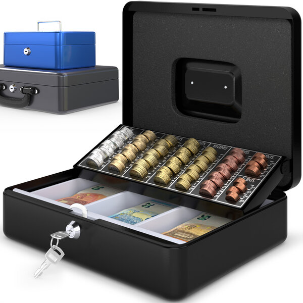 ACROPAQ Caisse à monnaie Acier - 3 Compartiments à monnaie - Coffret monnaie à 2 clés  Monnayeur et Poignée de transport robuste